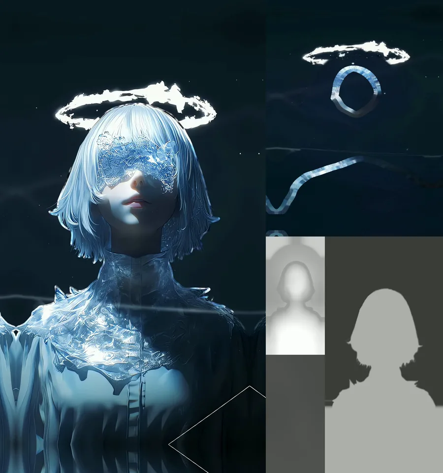 Fotograma del vídeo 4D de Dreamweaver: a la izquierda el color, a la derecha el escenario, el mapa de profundidad y la máscara del sujeto