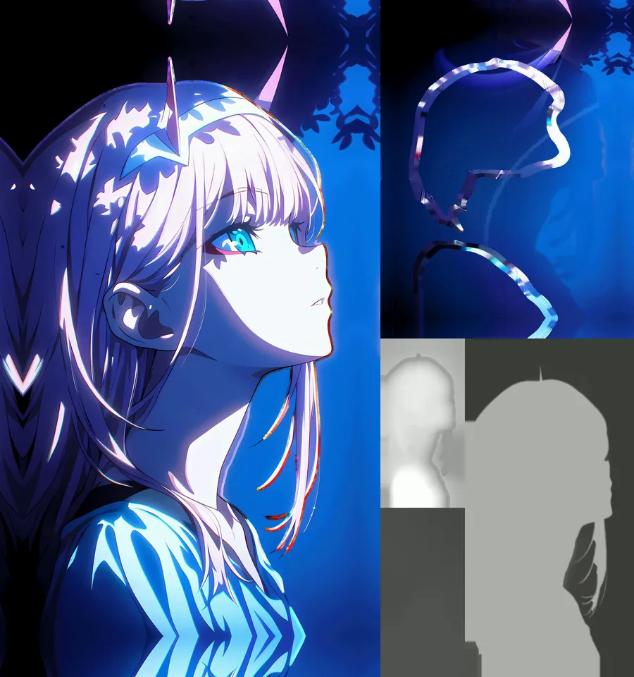 Fotograma del vídeo 4D de Zero two Live wallpaper: a la izquierda el color, a la derecha el escenario, el mapa de profundidad y la máscara del sujeto