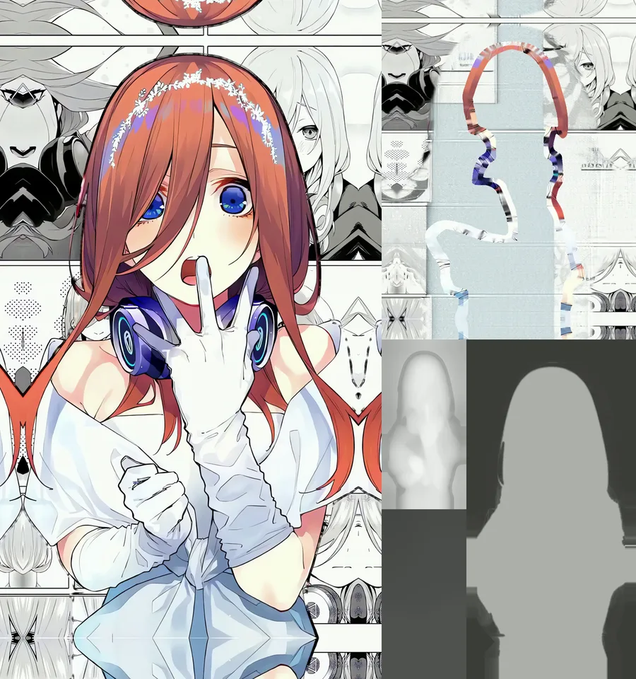 Fotograma del vídeo 4D de Miku Nakano Live 2k: a la izquierda el color, a la derecha el escenario, el mapa de profundidad y la máscara del sujeto