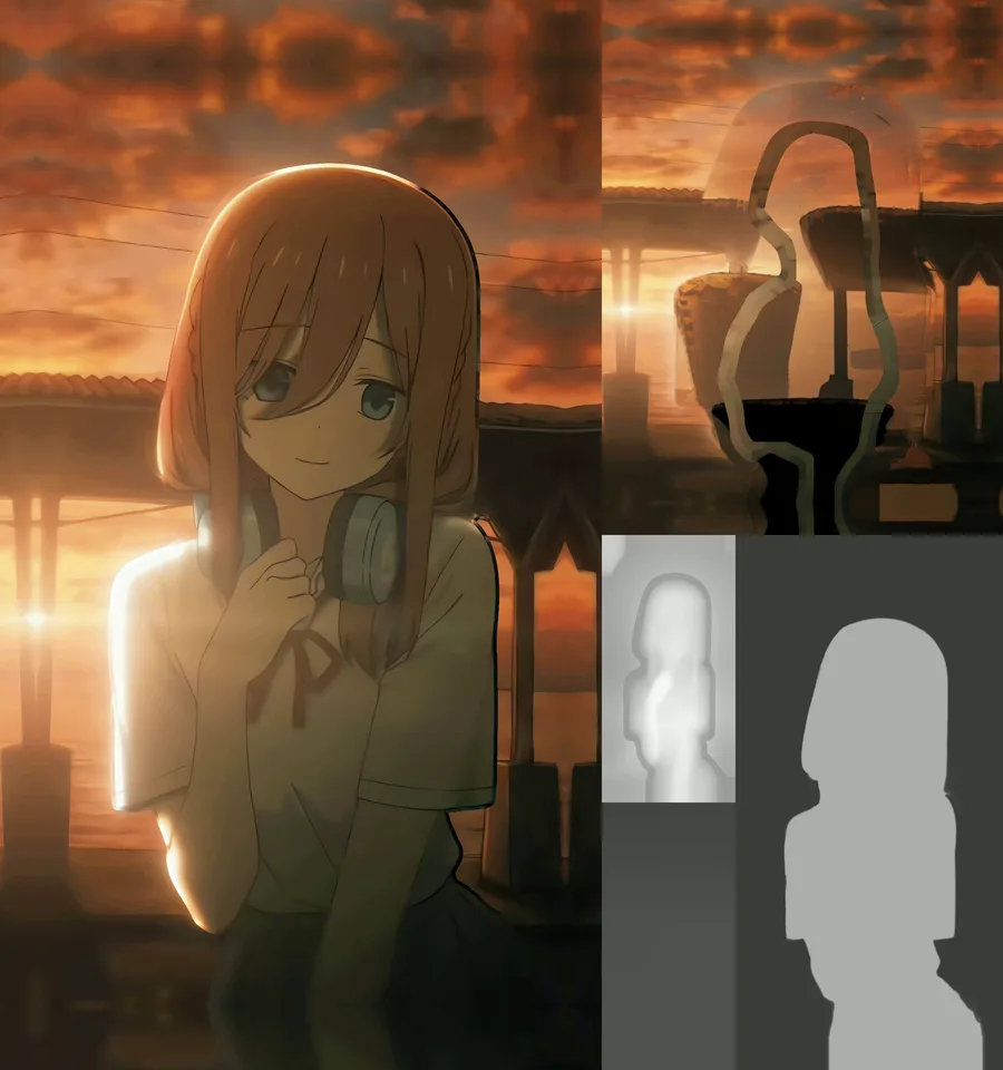 Fotograma del vídeo 4D de miku nakano: a la izquierda el color, a la derecha el escenario, el mapa de profundidad y la máscara del sujeto