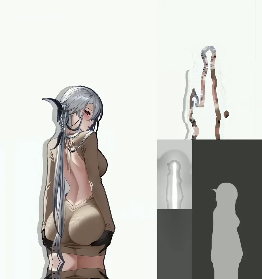 Fotograma del vídeo 4D de arlechino: a la izquierda el color, a la derecha el escenario, el mapa de profundidad y la máscara del sujeto