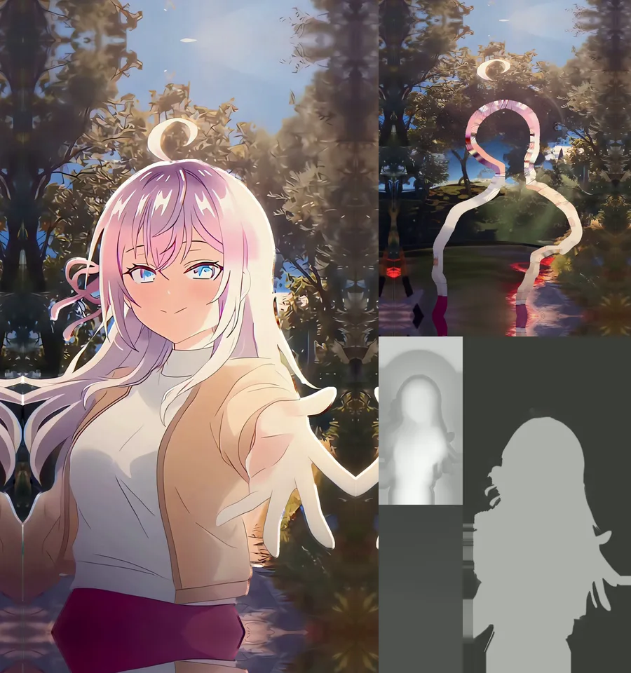 Fotograma del vídeo 4D de Waifu: a la izquierda el color, a la derecha el escenario, el mapa de profundidad y la máscara del sujeto
