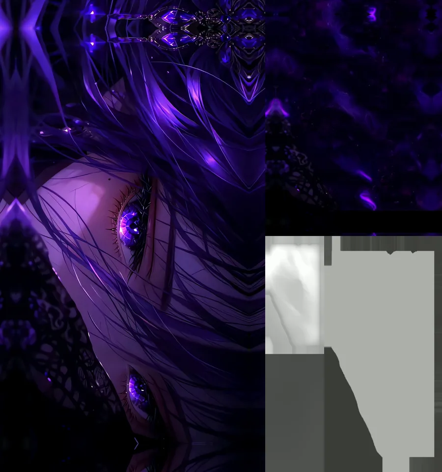 Fotograma del vídeo 4D de Violet Gaze: a la izquierda el color, a la derecha el escenario, el mapa de profundidad y la máscara del sujeto