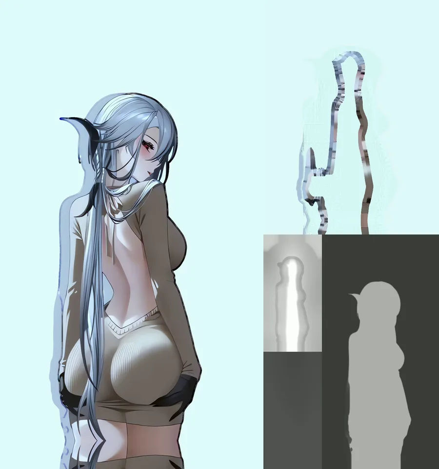 Fotograma del vídeo 4D de thanks: a la izquierda el color, a la derecha el escenario, el mapa de profundidad y la máscara del sujeto