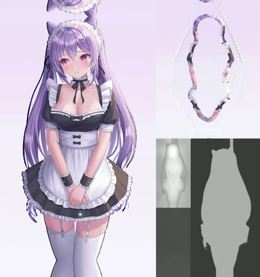 Fotograma del vídeo 4D de Maid Keqing – Genshin Impact: a la izquierda el color, a la derecha el escenario, el mapa de profundidad y la máscara del sujeto
